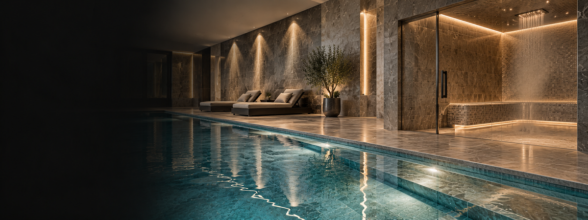 Bespoke tiled swimming pool or luxury steam room with premium finishes