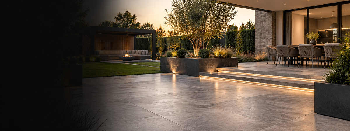 Luxury outdoor porcelain terrace and landscaped garden with architectural stone finishes