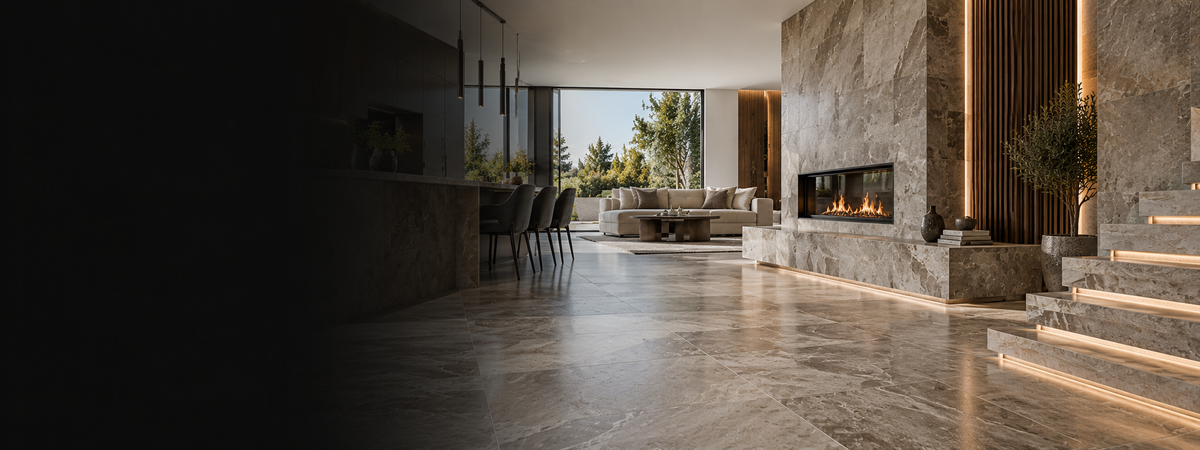 Interior floor and wall tiling with porcelain and natural stone finishes